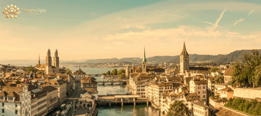 Altstadt von Zürich mit Blick auf den Zürichsee – Standort der Neuro-Spa Group mit TPS, rTMS und Neo TMS.