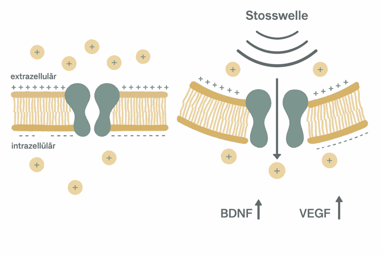 Illustration der Wirkung von Stoßwellen bei der Transkraniellen Pulsstimulation (TPS) auf die Zellmembran mit Freisetzung von BDNF und VEGF.