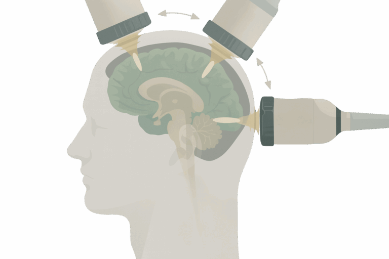 Darstellung der Transkraniellen Pulsstimulation (TPS) zur Behandlung von Alzheimer mit Stoßwellen, visualisiert im NeuroSpa Design.