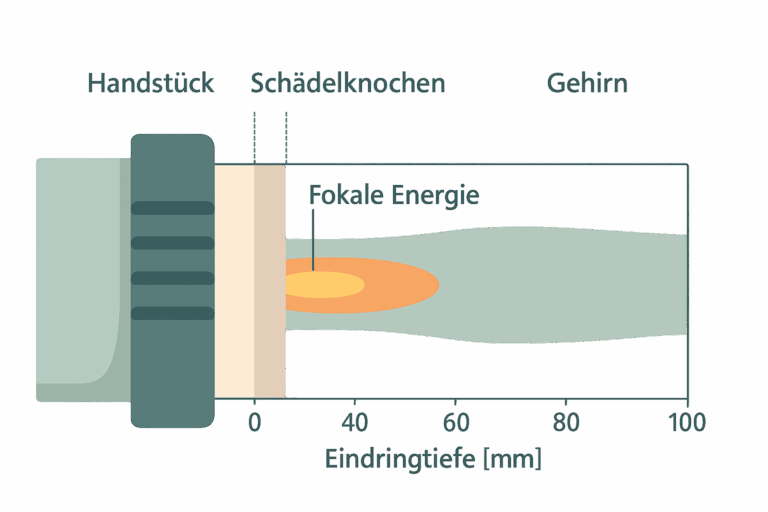 Illustration der Transkraniellen Pulsstimulation (TPS): Darstellung der fokalen Energie, die durch den Schädel in das Gehirn eindringt.